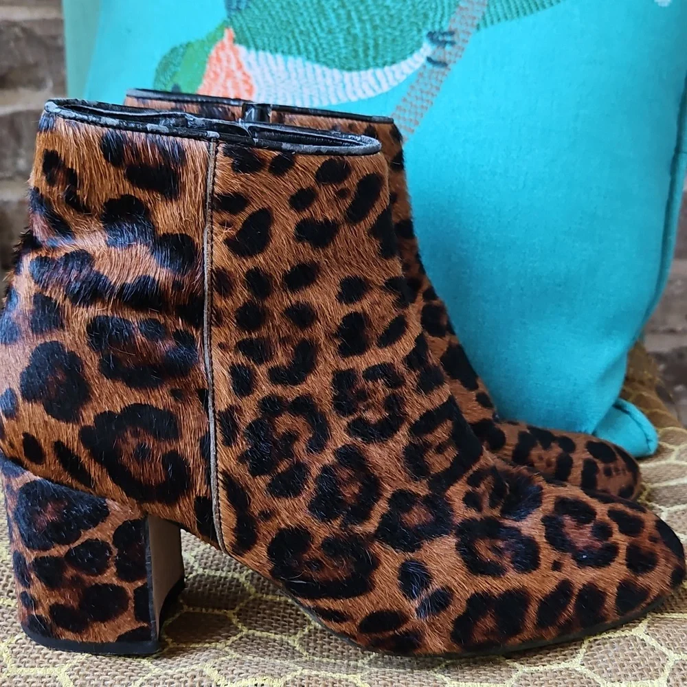 Zara Leopard Print Calf Hair Heeled Ankle Boots